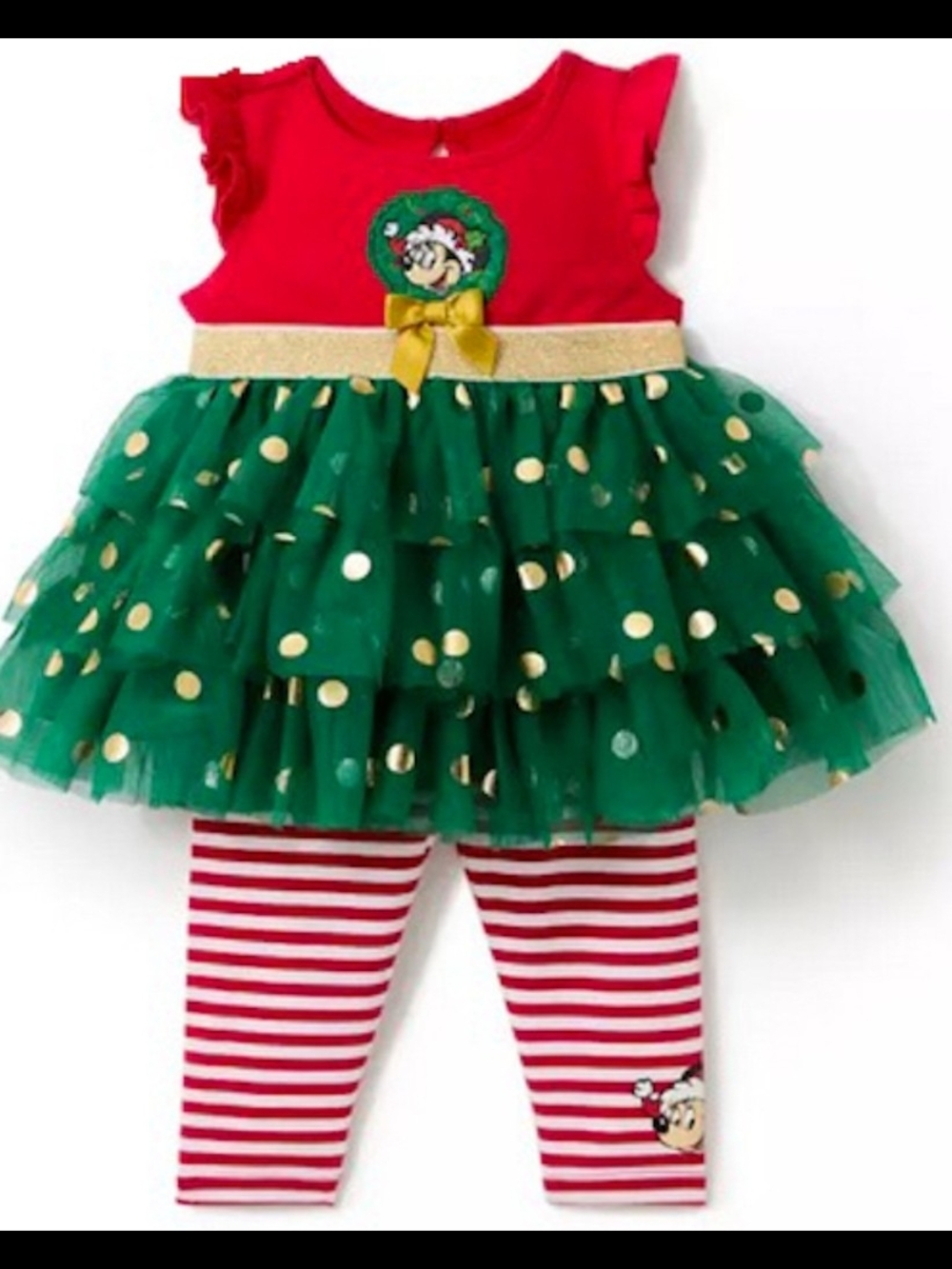 Disney Red & Green Christmas Tutu Dress with Minnie Mouse and Striped Leggings